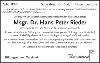 Traueranzeige von Peter Rieder von Gmünder Tagespost