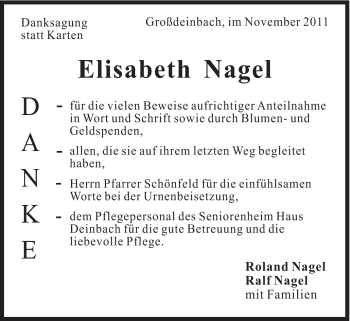 Traueranzeige von Elisabeth Nagel von Gmünder Tagespost