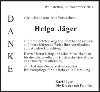 Traueranzeige von Helga Jäger von Gmünder Tagespost