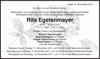Traueranzeige von Rita Egetenmayer von Schwäbische Post