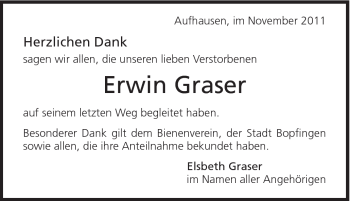 Traueranzeige von Erwin Graser von Schwäbische Post