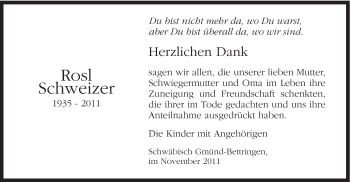Traueranzeige von Rosl Schweizer von Gmünder Tagespost