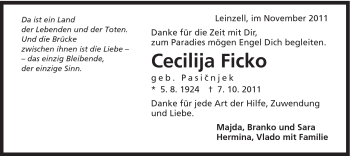 Traueranzeige von Cecilija Ficko von Gmünder Tagespost