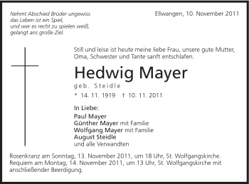 Traueranzeige von Hedwig Mayer von Schwäbische Post