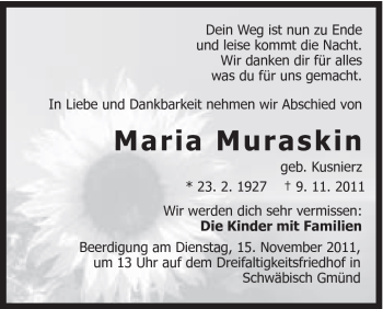 Traueranzeige von Maria Muraskin von Gmünder Tagespost