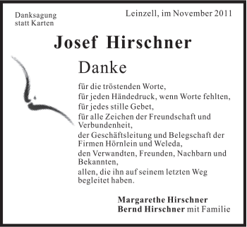Traueranzeige von Josef Hirschner von Gmünder Tagespost