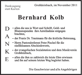 Traueranzeige von Bernhard Kolb von Gmünder Tagespost