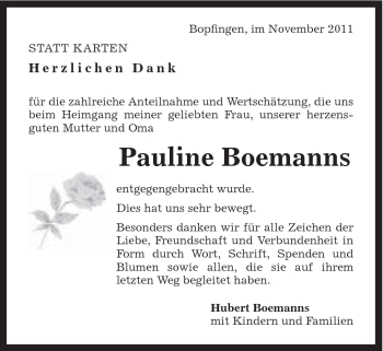 Traueranzeige von Pauline Boemanns von Schwäbische Post