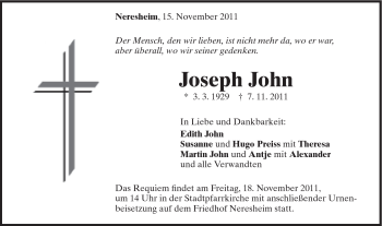 Traueranzeige von Joseph John von Schwäbische Post