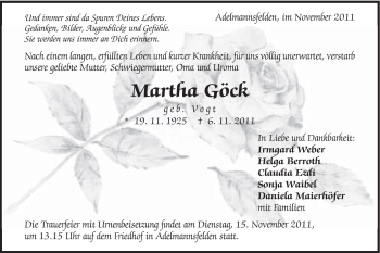 Traueranzeige von Martha Göck von Schwäbische Post