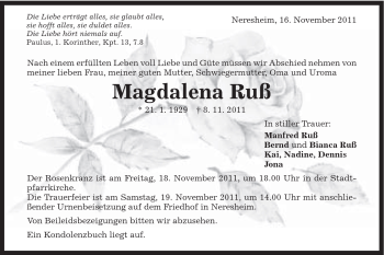Traueranzeige von Magdalena Ruß von Schwäbische Post