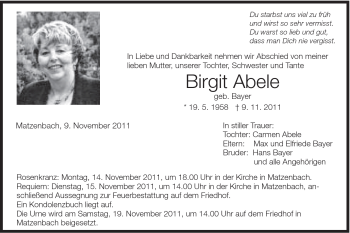 Traueranzeige von Birgit Abele von Schwäbische Post