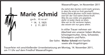 Traueranzeige von Marie Schmid von Schwäbische Post