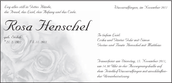 Traueranzeige von Rosa Hentschel von Schwäbische Post