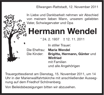 Traueranzeige von Hermann Wendel von Schwäbische Post