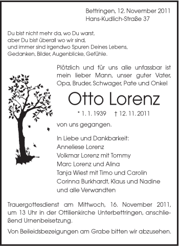 Traueranzeige von Otto Lorenz von Gmünder Tagespost