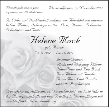 Traueranzeige von Helene Mack von Schwäbische Post