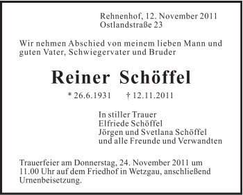 Traueranzeige von Reiner Schöffel von Gmünder Tagespost