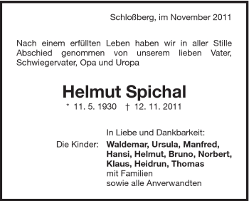 Traueranzeige von Helmut Spichal von Schwäbische Post