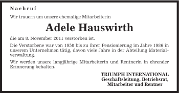 Traueranzeige von Adele Hauswirth von Gmünder Tagespost