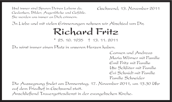 Traueranzeige von Richard Fritz von Gmünder Tagespost