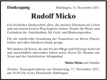 Traueranzeige von Rudolf Micko von Schwäbische Post