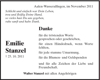Traueranzeige von Emilie Stanzel von Schwäbische Post