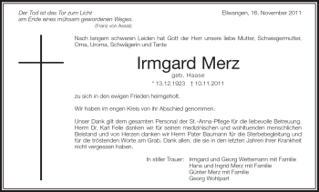 Traueranzeige von Irmgard Merz von Schwäbische Post