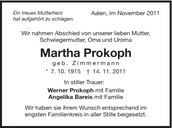 Traueranzeige von Martha Prokoph von Schwäbische Post