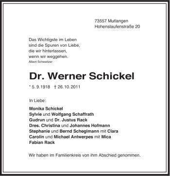 Traueranzeige von Werner Schickel von Gmünder Tagespost