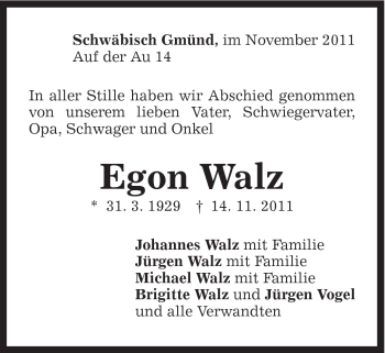 Traueranzeige von Egon Walz von Gmünder Tagespost