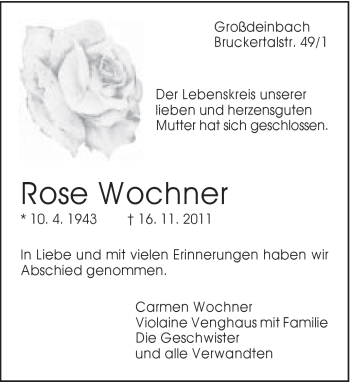 Traueranzeige von Rose Wochner von Gmünder Tagespost