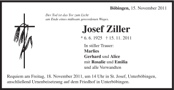 Traueranzeige von Josef Ziller von Gmünder Tagespost