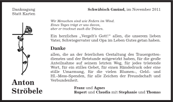 Traueranzeige von Ströbele Anton von Gmünder Tagespost
