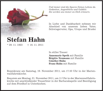 Traueranzeige von Hahn Stefan von Schwäbische Post