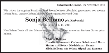 Traueranzeige von Sonja Bellomo von Gmünder Tagespost