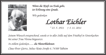 Traueranzeige von Lothar Eichler von Schwäbische Post