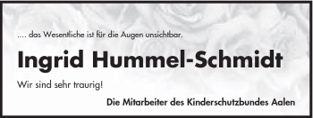 Traueranzeige von Ingrid Hummel-Schmidt von Schwäbische Post