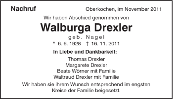 Traueranzeige von Walburga Drexler von Schwäbische Post