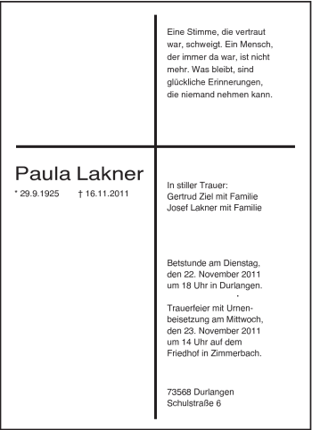 Traueranzeige von Paula Lakner von Gmünder Tagespost