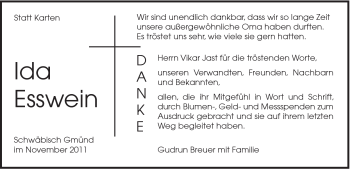 Traueranzeige von Ida Esswein von Gmünder Tagespost