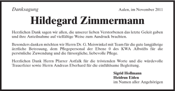 Traueranzeige von Hildegard Zimmermann von Schwäbische Post
