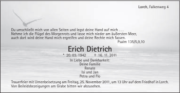 Traueranzeige von Erich Dietrich von Gmünder Tagespost
