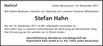 Traueranzeige von Stefan Hahn von Schwäbische Post