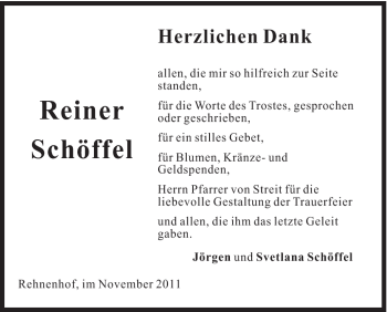 Traueranzeige von Reiner Schöffel von Gmünder Tagespost