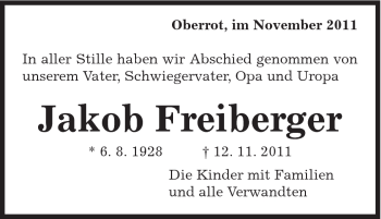 Traueranzeige von Jakob Freiberger von Gmünder Tagespost