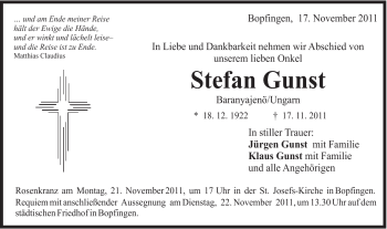 Traueranzeige von Stefan Gunst von Schwäbische Post