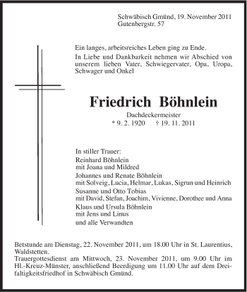 Traueranzeige von Friedrich Böhnlein von Gmünder Tagespost