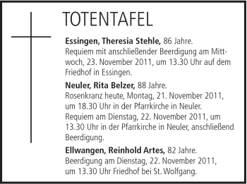 Traueranzeige von Reinhold Artes von Schwäbische Post