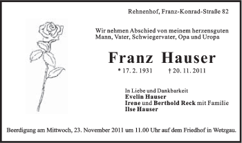 Traueranzeige von Franz Hauser von Gmünder Tagespost